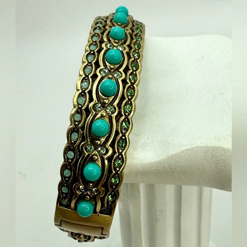 Vintage Heidi Daus Hinged Bangle Bracelet Turquoise Cabochon & Crystals Art Deco